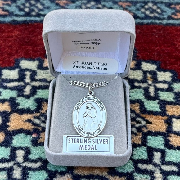 St. Juan Diego Sterling Silver Oval Religious Medal Necklace Heavy Chain